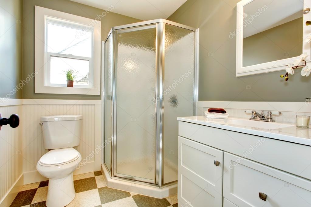 Great Blend Of White Bathroom Cabinets With Olive Walls Stock Bright Bathroom With Window Olive Walls Blend Perfectly White Cabinets Toilet And Glass Door Shower Photo By Iriana88w