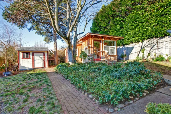 Backyard with small wooden shed