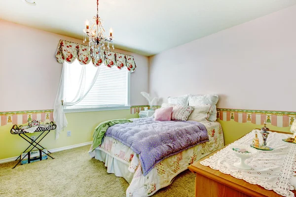 Happy bedroom interior with colorful walls