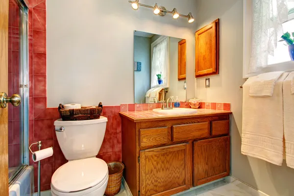 Bathroom with red tile wall trim