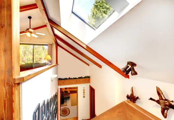 Log cabin house . View of ceiling with velux window from loft of