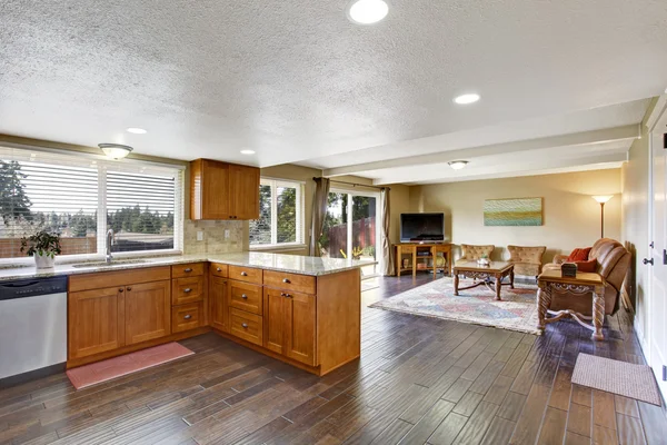 House interior with open floor plan. Kitchen and living room