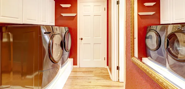 White and red laundry room interior