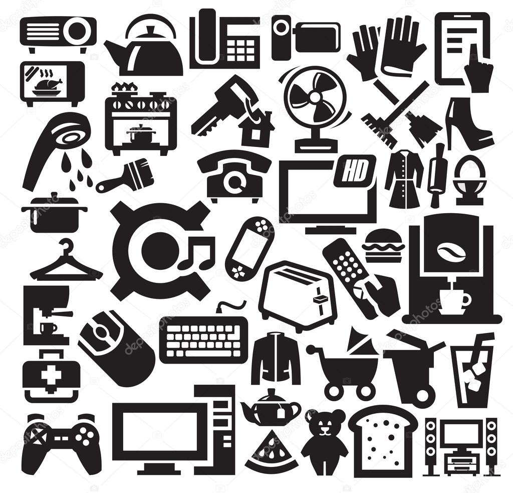 矢量黑色家电图标设置在灰色