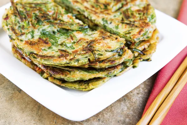 Stacked Korean Green Onion Pancakes Ready to Eat