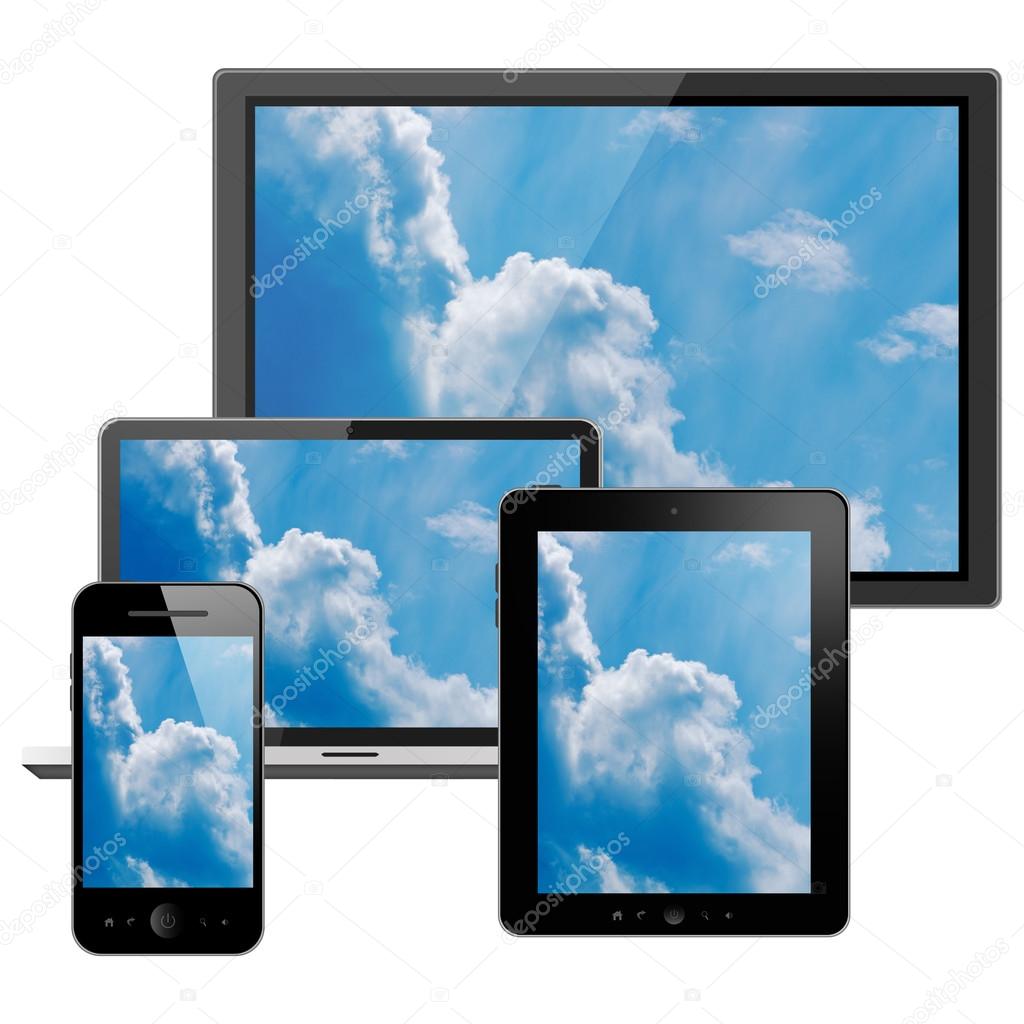 Tablet pc, mobile phone, notebook and hd tv — Stock Photo © Nik