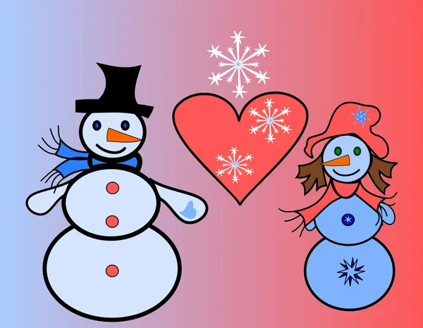 Falling in love snow men with a heart and snowflakes