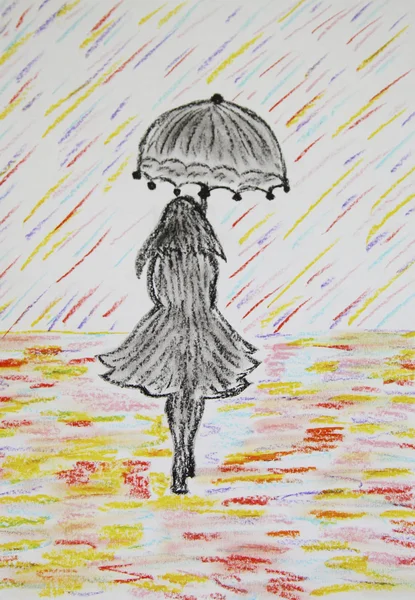 Girl with umbrella goes under a colored rain, pastel drawing