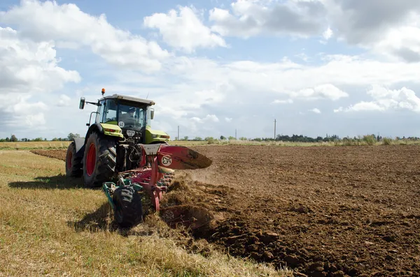 Heavy agricultural machine tractor works in field