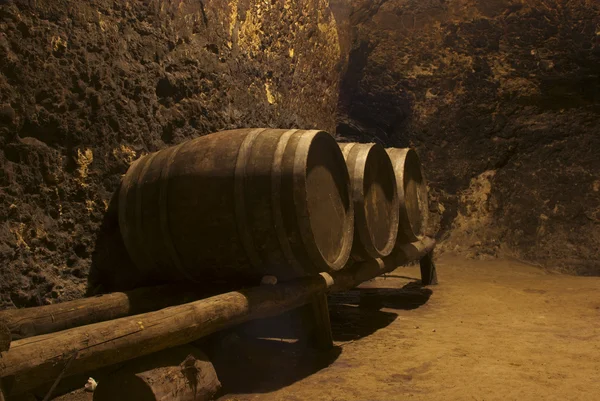 Row of wine tuns on wooden platform underground