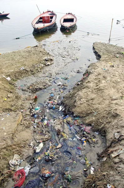 Sewage water pollution channel to holy Ganges river, India
