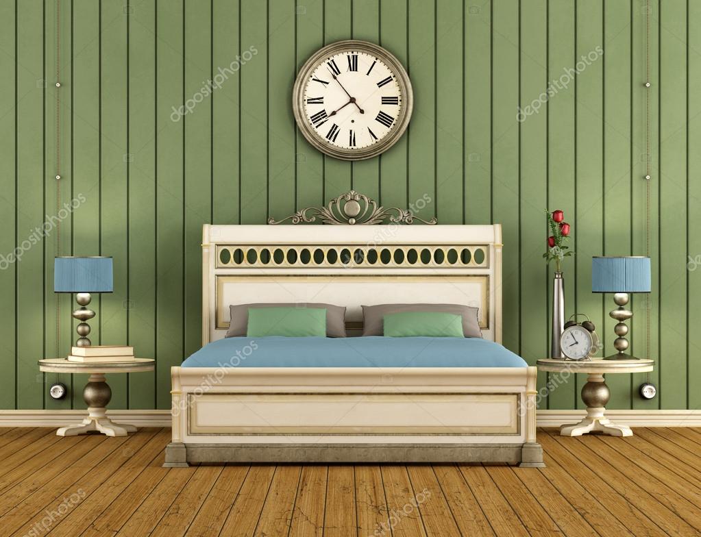 Vintage sovrum med grön vägg paneler — stockfotografi ...