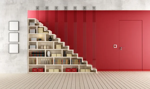 Red Living room with wooden staircase and bookcase