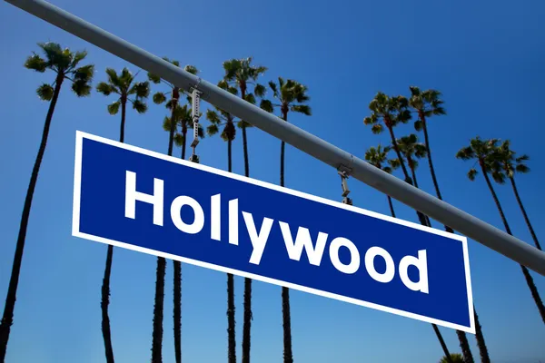 Hollywood California road sign on redlight with pam trees photo