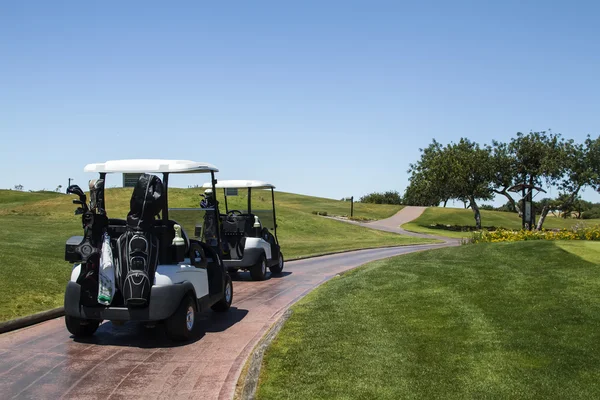 Two golf cars on a golf course