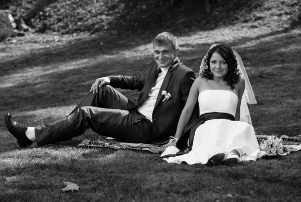 Bride and groom sitting back to back on grass at park
