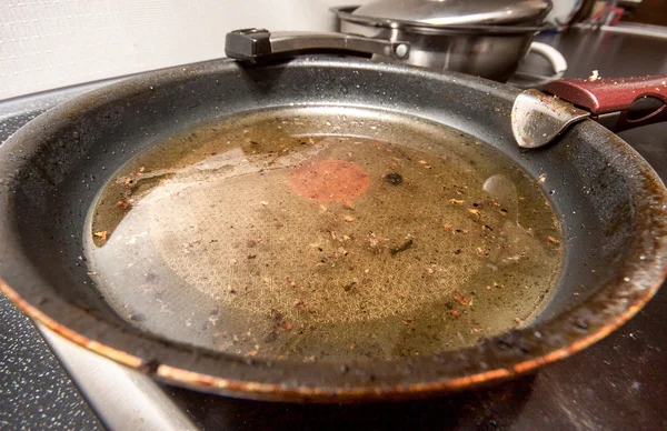 Shot of dirty frying pan with used oil