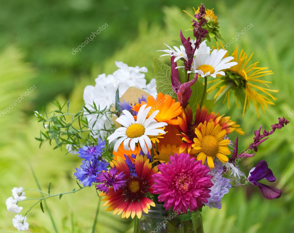 Bright colorful bouquet of garden and wild natural flowers — Stock ...