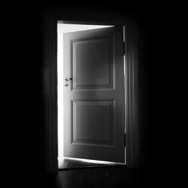 Opening white door in a dark room with light outside