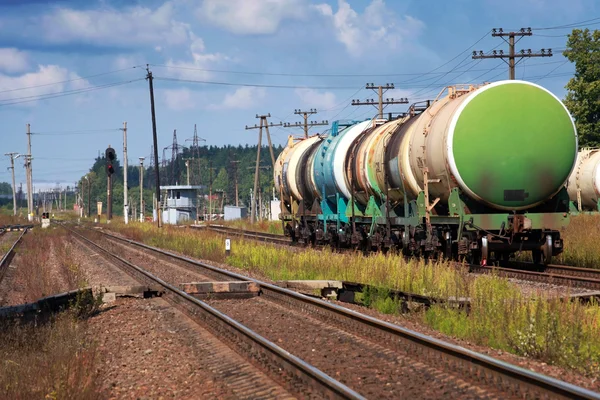 Tank cars stand on cargo railway station