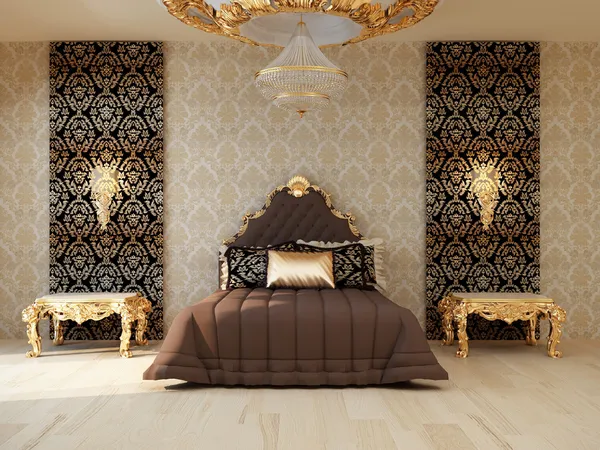 Luxury bedroom with golden furniture in royal interior
