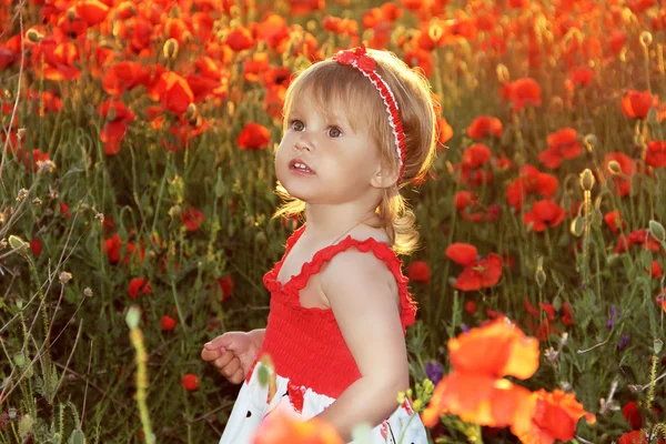 Funny little girl in red poppies filed, sunset. Outdoors portrai