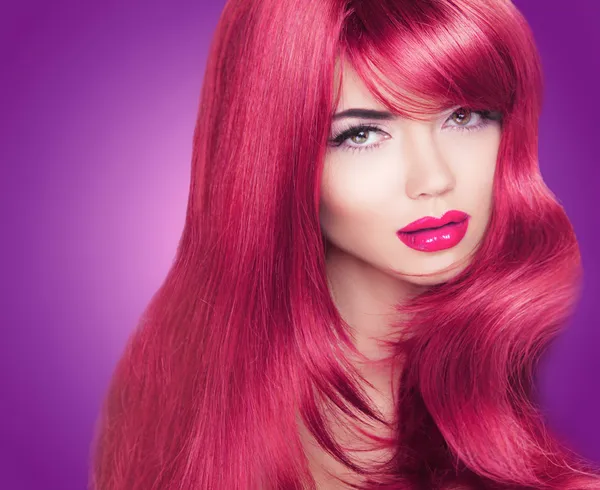 Red Long Glossy hair. Beautiful Fashion Woman Portrait. Bright M