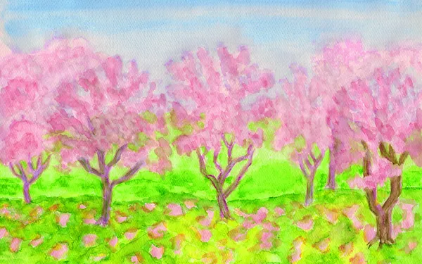 Pink spring garden, watercolours