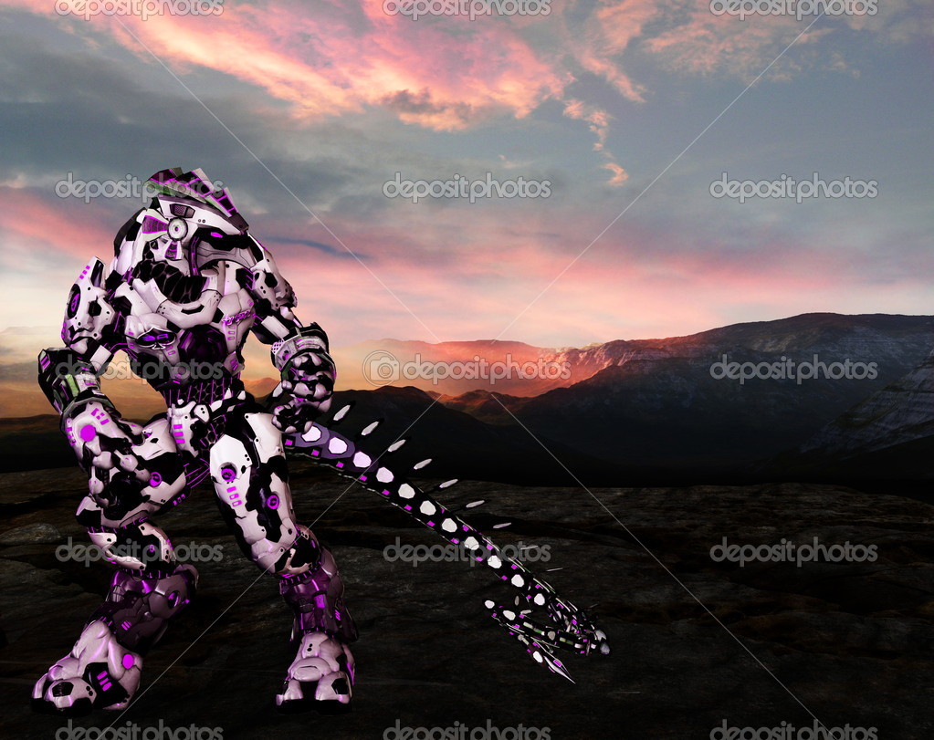 Futuristic alien robot with scifi space background — Stock Photo