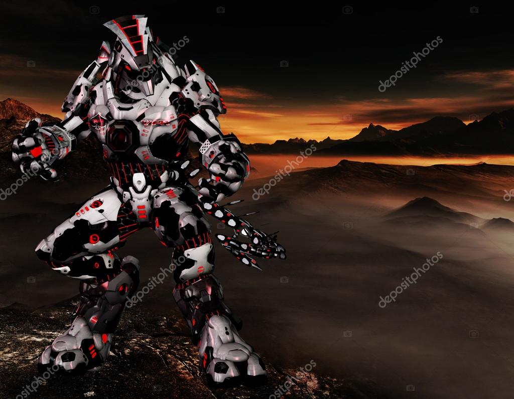 Futuristic alien robot with scifi space background — Stock Photo
