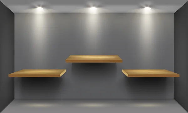 Empty wooden shelf in room, illuminated by searchlights