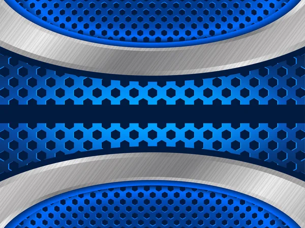 Blue background with metallic elements and hexagon perforated pattern.