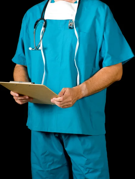 Doctor on black holding a clip board