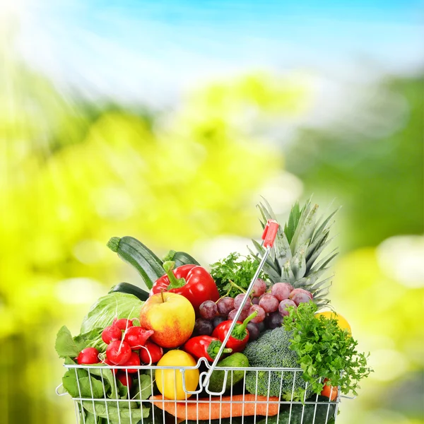 Wire shopping basket with groceries
