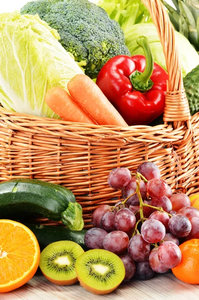 Wicker basket with groceries. Balanced diet