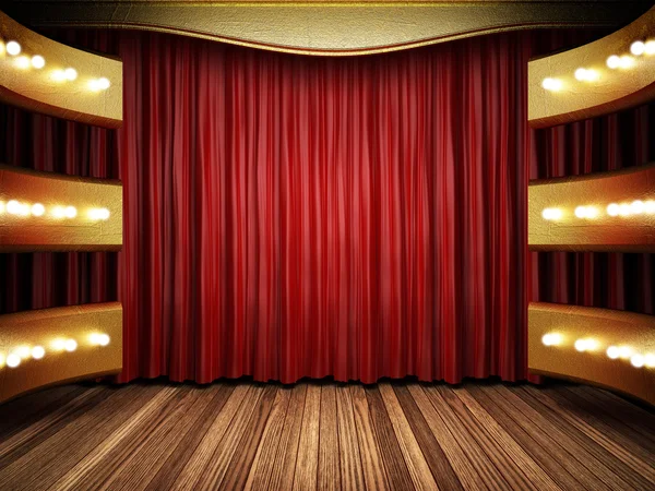 Red fabric curtain on golden stage