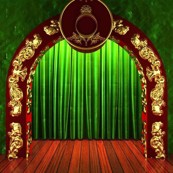 Green fabric curtain with gold on stage