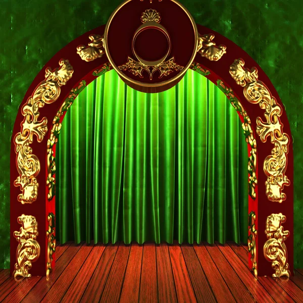 Green fabric curtain with gold on stage - Stock Image - Everypixel