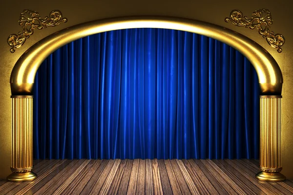 Blue fabric curtain on golden stage