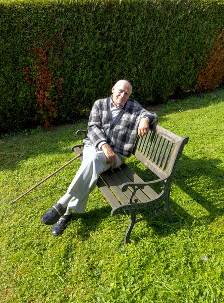 Old man enjoys sitting on a bench in his garden