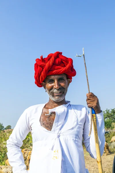 A Rajasthani tribal man wearing traditional colorful turban and