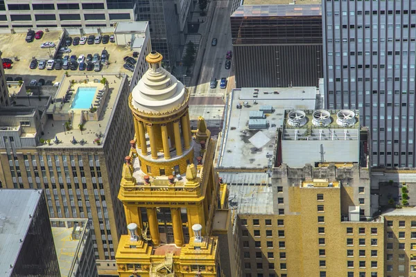 Aerial of modern and historic buildings in downtown Houston