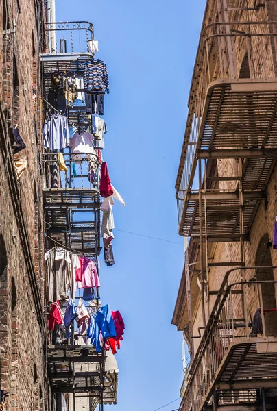 Iron fire escape is used for drying clothes