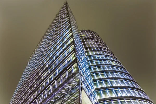 Facade of uniqa tower in Vienna by night