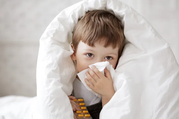 Boy wipes his nose with a tissue