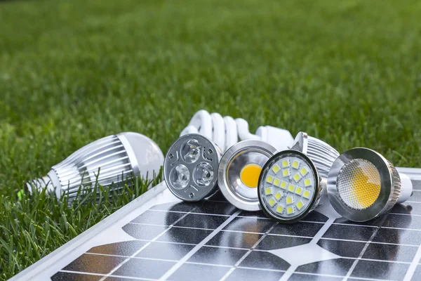 Various LED lamps on photovoltaic cells and CFL in the grass