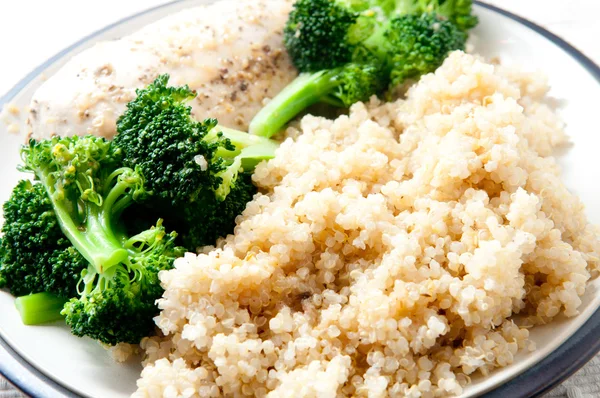 Quinoa, an ancient grain with broccoli and roasted chicken breasts. This heart healthy meal is also gluten free