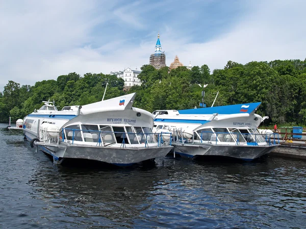 Motor ships on underwater wings at the mooring of the Valaam monastery