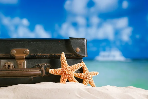 Old retro antique suitcase on beach with starfish, ocean and sky