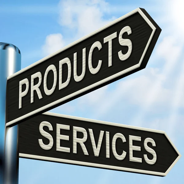 Products Services Signpost Shows Business Merchandise And Servic